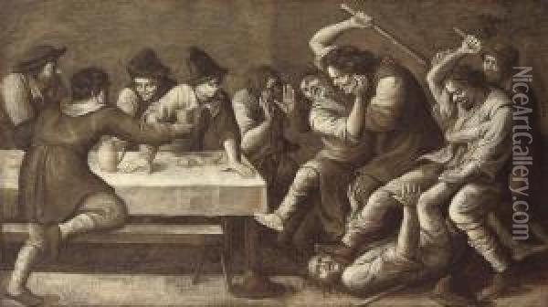 A Peasant Brawl In An Inn; 'en Grisaille' Oil Painting - Joos van Craesbeeck