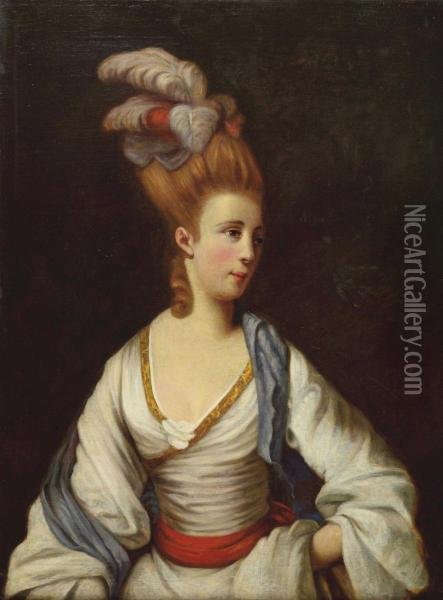 Portrait Of An Elegant Lady, Half-length, In A White Dress Andostrich Feathers In Her Hair 
Oil On Canvas Oil Painting - Etienne Liotard