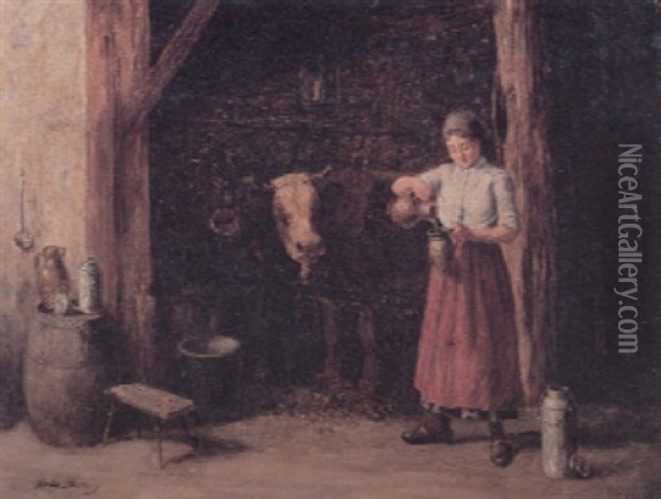 Woman Tending To The Cattle Oil Painting - Stefan Simony