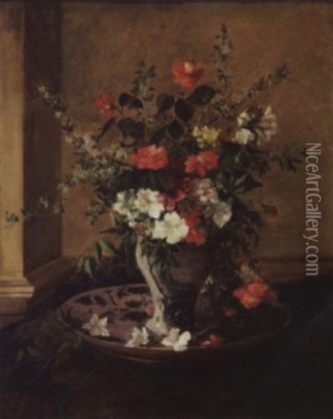 Fleurs Dans Un Vase En Faience Blanche Et Bleue Oil Painting - Jules Felix Ragot