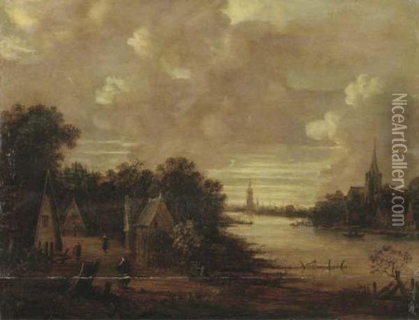 A Moonlit River Landscape With Figures On A Track, A Church In Thedistance Oil Painting - Aert van der Neer