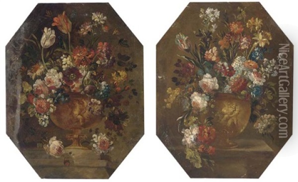 Mixed Flowers In A Vase On A Ledge (+ Mixed Flowers In A Vase On A Ledge; Pair) Oil Painting -  Pseudo Guardi
