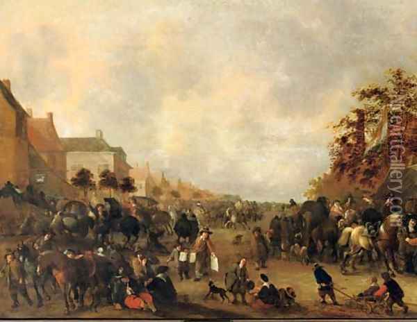 Horsemen, peasants and other figures in a busy village street Oil Painting - Hendrick De Meijer