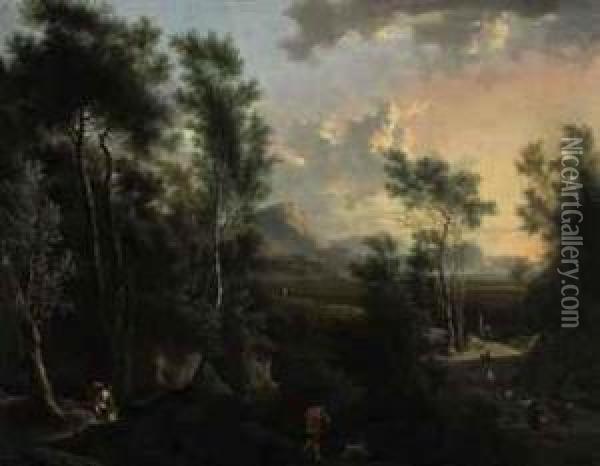 Figures In A Valley Landscape At Dawn Oil Painting - Frederick De Moucheron