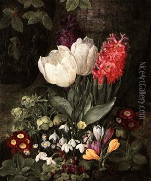 Still Life With Tulips, Crocuses, Primroses, Snowdrops      And Hayacinth Oil Painting - Christine Marie Lovmand