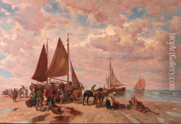 A Coastal Scene With Fisherfolk 
Sorting The Day's Catch, Beachedfishing-smacks In The Background Oil Painting - Desire Tomassin