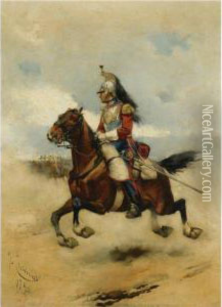 Oficial De Caballeria (charging Cavalry Officer) Oil Painting - Josep I Cusachscusachs