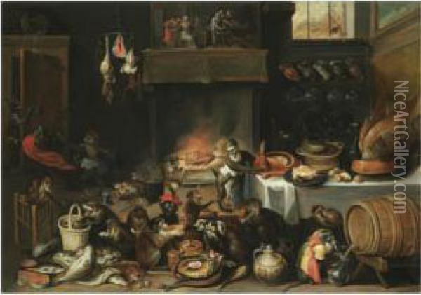 Apes Celebrating In The Kitchen Oil Painting - Ferdinand van Kessel