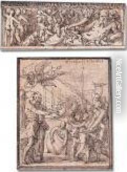 Two Studies For Architectural 
Decoration: A) A Reclining River God With Putti; B) A Harbour Scene With
 A Soldier Being Crowned By Victory Oil Painting - Perino del Vaga (Pietro Bonaccors)