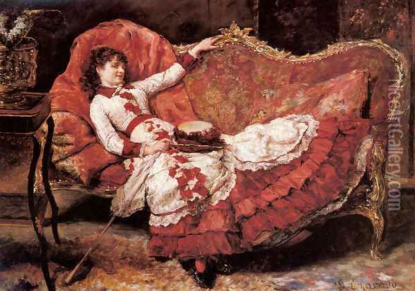 An Elegnat Lady in a Red Dress Oil Painting - Eduardo Leon Garrido