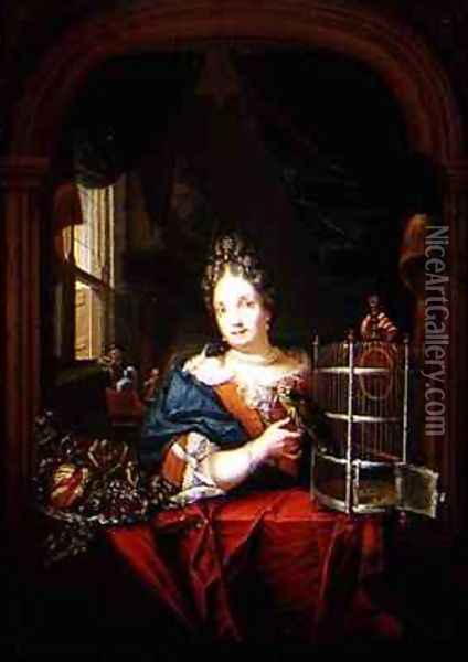 Portrait of a Woman holding a Parrot Oil Painting - Laureys Goubau