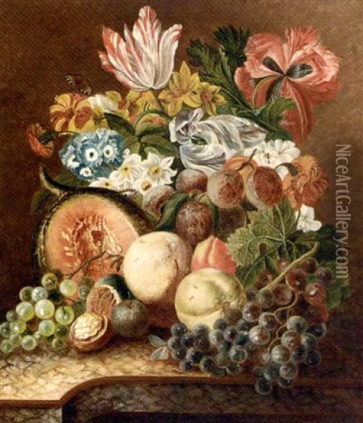 Grapes On The Vine, A Melon, Walnuts, Peaches, A Butterfly And A Bunch Of Flowers On A Stone Ledge Oil Painting - Jacobus Linthorst