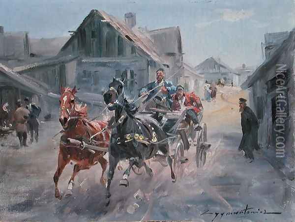 Speeding through the town, c.1930 Oil Painting - Ignacy (Czeslaw Wasilewski) Zygmuntowicz