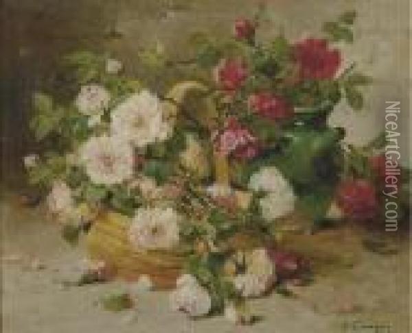 Still Life Of Peonies And Various Flowers In A Basket Oil Painting - Eugene Henri Cauchois
