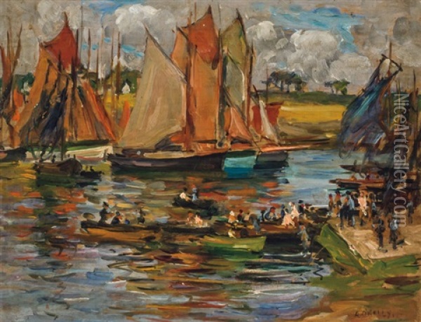 Activities At The Docks Oil Painting - Aloysius C. O'Kelly