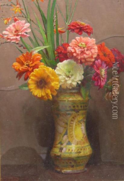 Still Life Flowers In A Delft Vase Oil Painting - William Logsdail