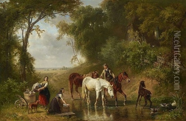 Bauer Mit Pferden Am Waldteich Oil Painting - Ludwig Hartmann