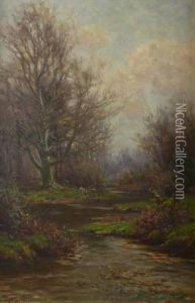 Forest Scene With Horses By A Stream Oil Painting - Frederik Golden Short