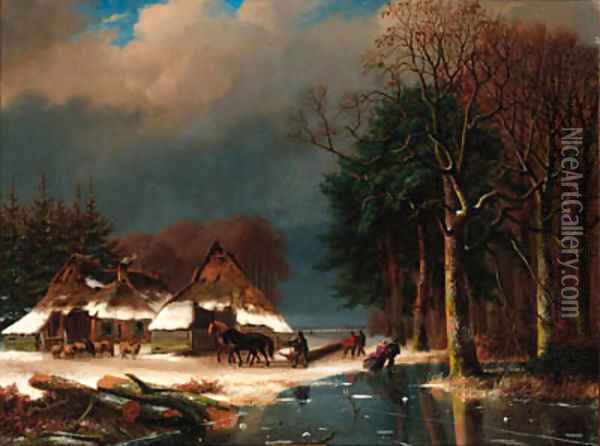 A winter landscape with loggers Oil Painting - Nicolaas Johannes Roosenboom