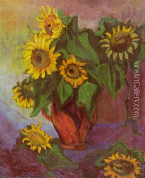 Sonnenblumen In Roter Vase Oil Painting - Heinrich Nauen