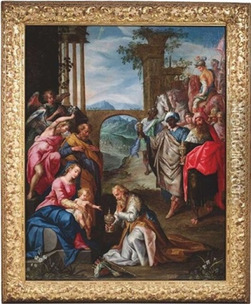 Die Anbetung Der Heiligen Drei Konige Oil Painting - Hendrick De Clerck