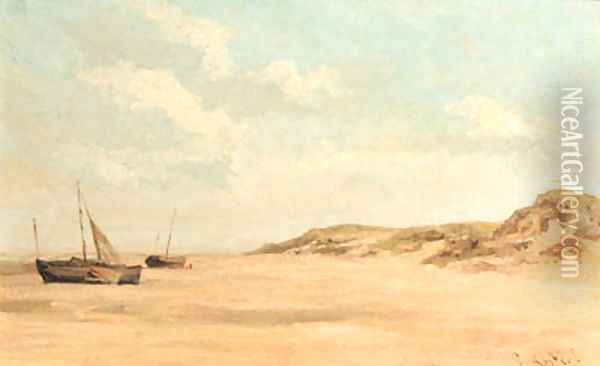 Beached fishing-boats on a deserted beach Oil Painting - Everhardus Koster