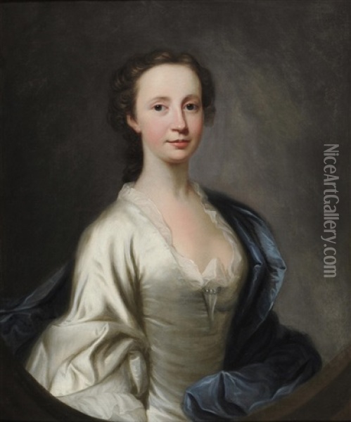 Portrait Of A Lady, Half Length, Wearing A Cream Satin Dress And Blue Robes Oil Painting - James Cranke