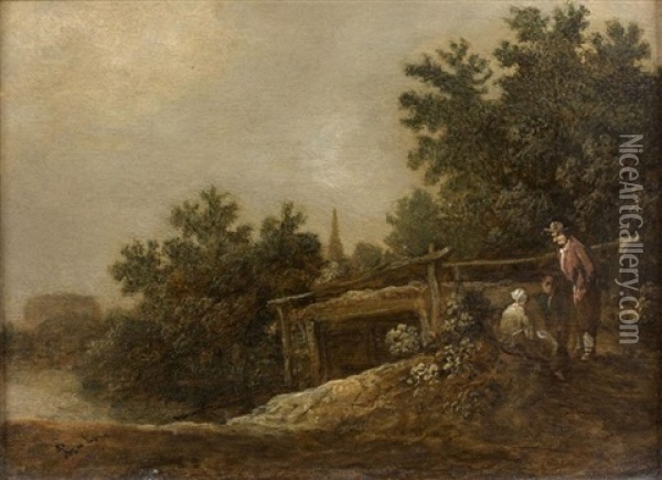 Deux Personnages Pres D'un Pont Oil Painting - Pieter De Molijn