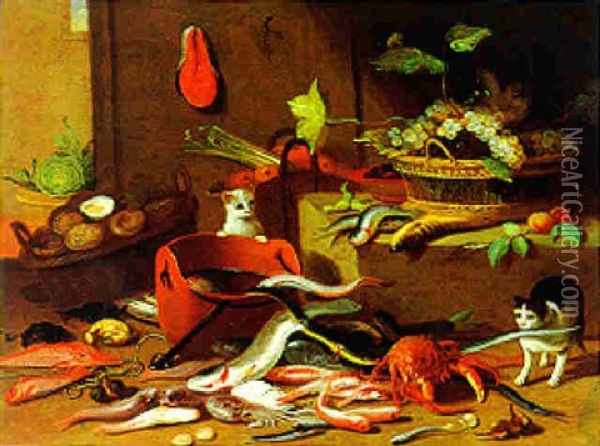 Stilleben Von Weintrauben, Austern Und Fischen Mit Zwei Katzen Oil Painting - Jan van Kessel the Elder