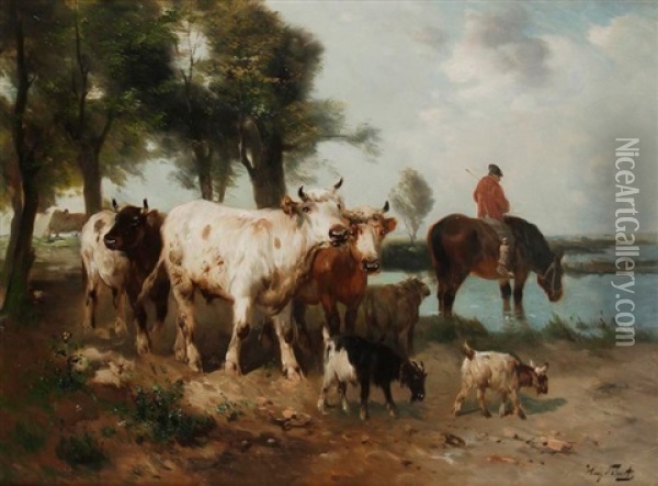 Berger A Cheval Et Son Troupeau Oil Painting - Henry Schouten
