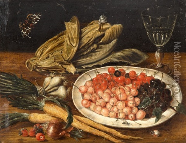 Still Life With Cherries, Vegetables And Glass Oil Painting - Osias Beert the Younger