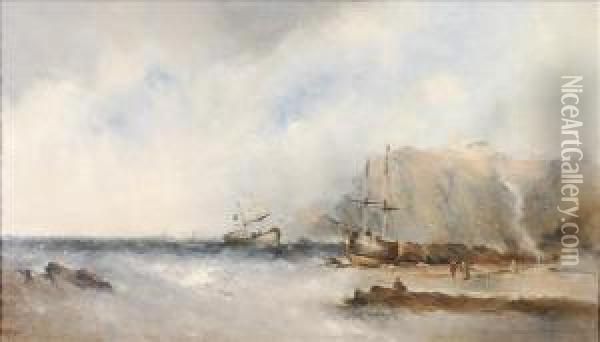 Rocky Coastal Scene With Vessels In Choppy Waters Oil Painting - William McAlpine