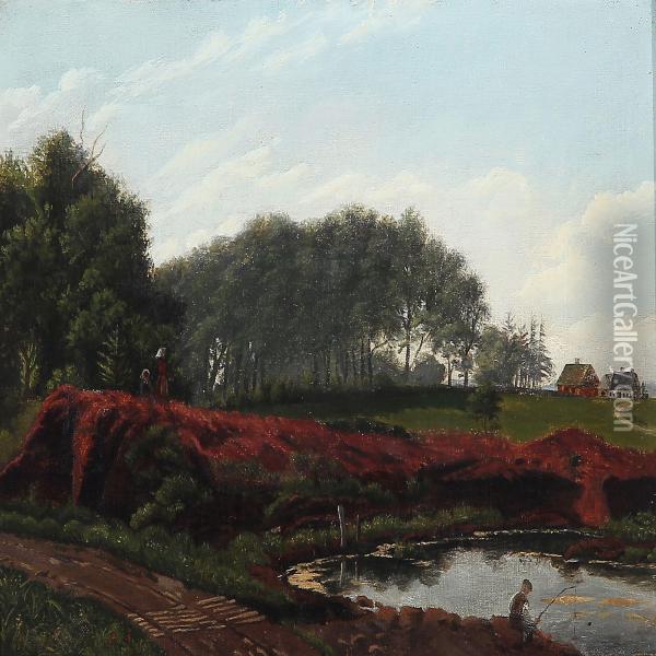 Landscape With A Boy Fishing Oil Painting - Rudolf Bertelsen