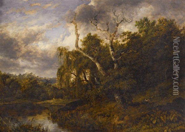 A River Landscape With A Hunter And His Dog Oil Painting - Patrick Nasmyth