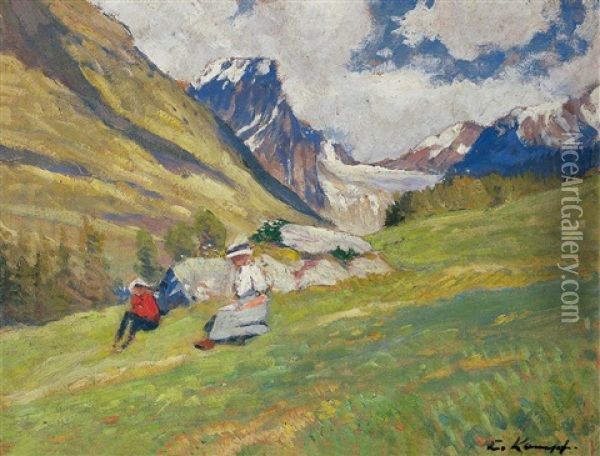 Landschaft Im Unterengadin Mit Rastenden Wanderern Oil Painting - Eugen Kampf