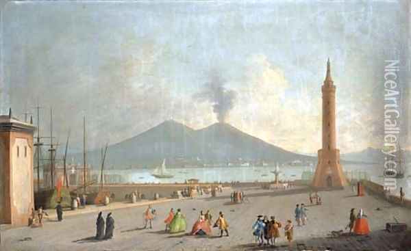 The Lanterna del Molo, Naples, with figures, the bay and Vesuvius beyond Oil Painting - Gabriele Ricciardelli