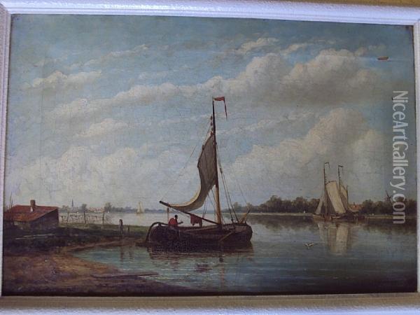 Dutch River Landscape With Barges Oil Painting - Pieter Christiaan Cornelis Dommersen