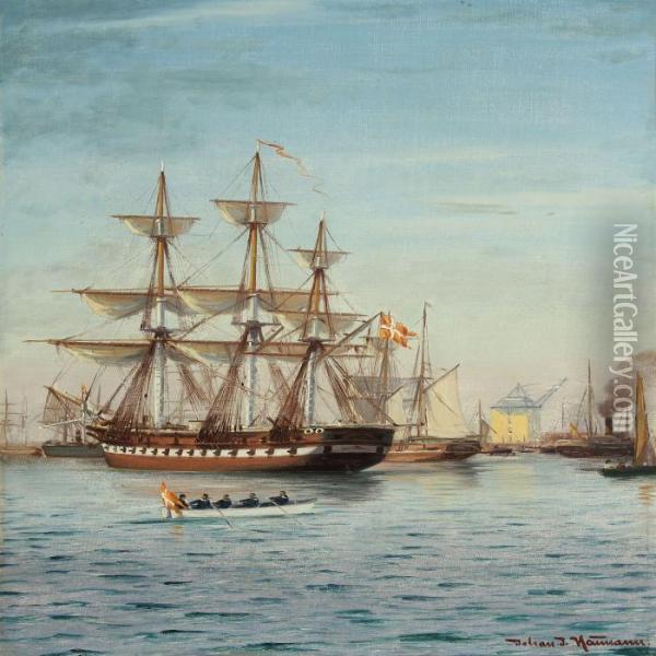 Copenhagen Harbour With Sailing Ships Oil Painting - Johann Jens Neumann