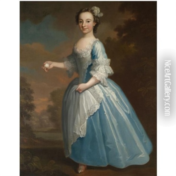 Portrait Of Elizabeth Hatch, Full Length, Wearing A Blue Dress And Holding A Peach In Her Right Hand Oil Painting - George Knapton