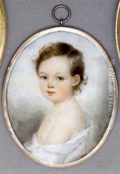 A Child, In Loose White Shift Dress, Curling Brown Hair, Sky And Cloud Background Oil Painting - Jules Vernet