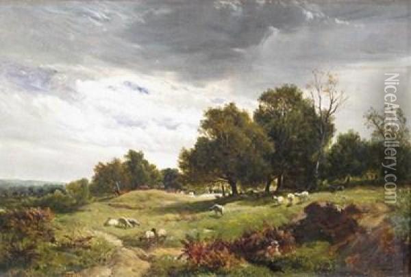 A Shepherd And His Flock On A Moor Oil Painting - Sidney Richard Percy