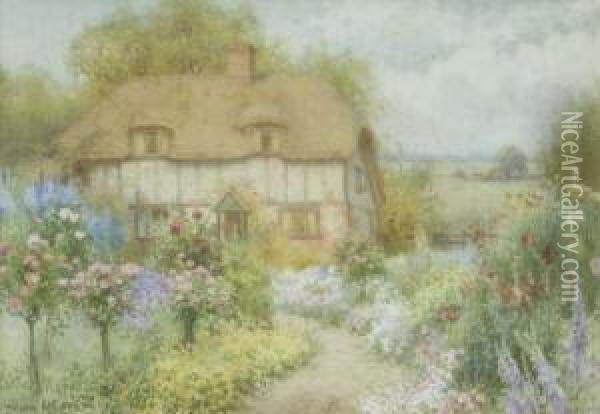 Cottage And Flower Garden Signed 12 X 17in Oil Painting - William Affleck