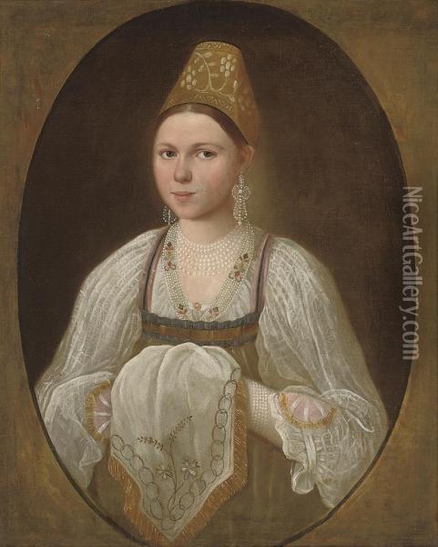 Portrait Of A Young Woman In Traditional Russian Costume Oil Painting - Ivan Argunov