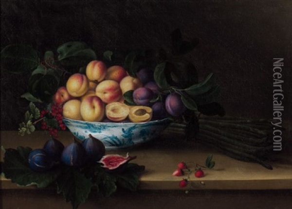 Composition Aux Figues, Asperges, Prunes Et Abricots Dans Une Coupe En Faience Oil Painting - Francois Garnier