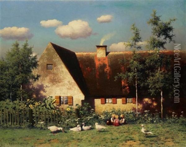Spielende Kinder Und Ganse Vor Einem Bauernhaus Oil Painting - Paul Wilhelm Keller-Reutlingen