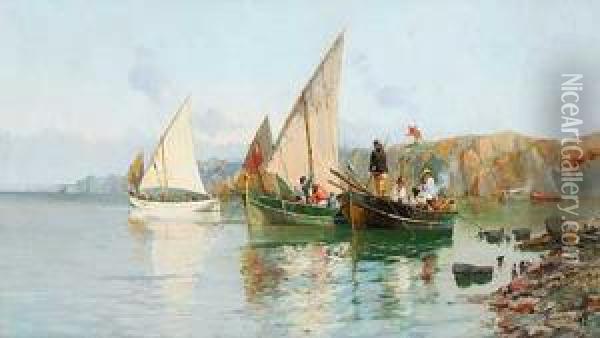 Fischerboote Ankernd Vor Der Kuste Oil Painting - Francisco Hernandez Monjo