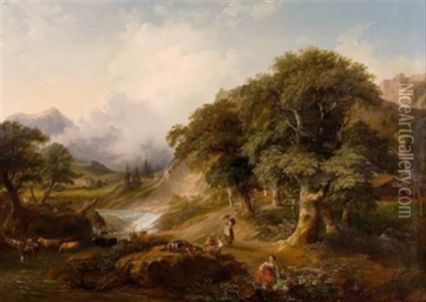 Romantische Landschaft Mit Staffage Oil Painting - Johann Fischbach