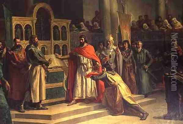 The Oath of Santa Gadea El Cid Campeador extracts an oath from Alfonso VI the King of Castille that in the Year 1072 he had no part in the murder of his brother Sancho II Oil Painting - Marcos Hiraldez de Acosta