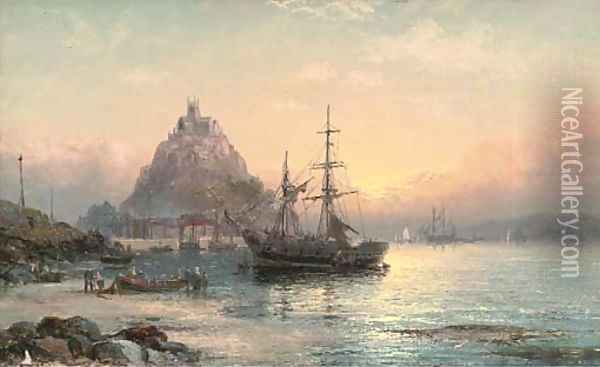 A trading brig at anchor before St. Michael's Mount Oil Painting - William A. Thornley or Thornbery