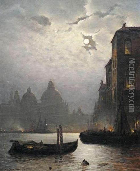 Venice. 
The Grand Canal At Moonlight. Oil Painting - Andreas Achenbach